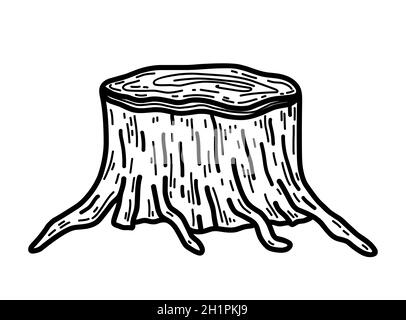 Ceppo di albero isolato su sfondo bianco. Illustrazione vettoriale disegnata a mano in stile doodle. Perfetto per disegni autunnali, carte, logo, decorazioni. Illustrazione Vettoriale