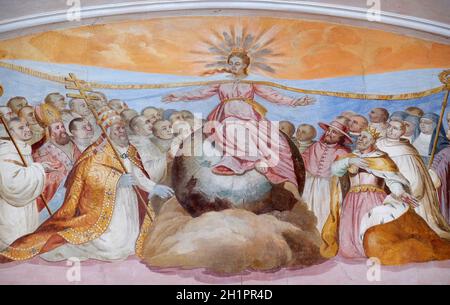 Vergine Maria, affresco di Johann Adam Remele in Bernard Hall, Abbazia cistercense di Bronnbach a Reicholzheim, nei pressi di Wertheim, Germania Foto Stock