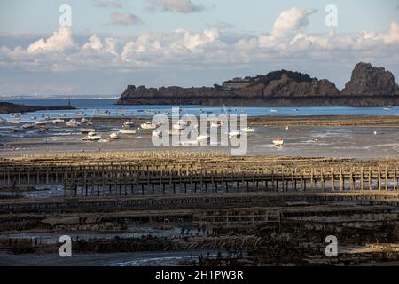 Barche sulla terra asciutta in spiaggia con la bassa marea a Cancale ostriche famose città di produzione, Bretagna, Francia, Foto Stock