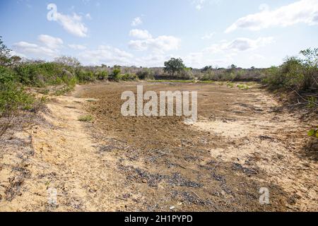 Kilifi, Kenya. 7 ottobre 2021. Una vasca d'acqua secca nel villaggio di Mideteni, una delle aree colpite dalla siccità nella parte costiera del Kenya.i residenti di Kilifi, Lamu e Tana River insieme al loro bestiame nella regione costiera del Kenya stanno affrontando la fame a causa della siccità in corso. Il mese scorso, il presidente Uhuru Kenyatta ha dichiarato la siccità un ''disastro nazionale'' e ha ordinato l'immediato rilascio di cibo di soccorso per le vittime che il governo ha iniziato a distribuire la scorsa settimana. (Credit Image: © Bonifacio Muthoni/SOPA Images via ZUMA Press Wire) Foto Stock