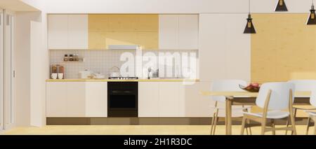 Spaziosa cucina moderna e minimalista interna in stile bianco e legno con tavolo da pranzo. rendering 3d, illustrazione 3d Foto Stock