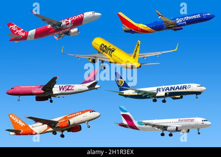 Francoforte, Germania - 7 aprile 2020: Aerei aerei aerei aerei aerei low cost aerei aerei Ryanair Sud-ovest Easyjet Air Asia. Foto Stock