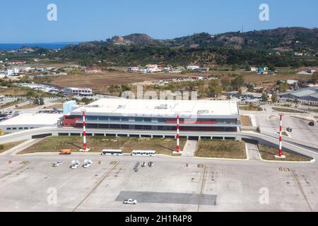 Zante, Grecia - 21 settembre 2020: Terminal building fotografia aerea dell'aeroporto di Zante in Grecia. Foto Stock