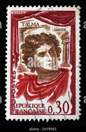 Il francobollo stampato in Francia mostra l'attore francese Francois Joseph Talma (1763-1826), famoso attore francese per la tragedia classica, serie di attori famosi, cir Foto Stock