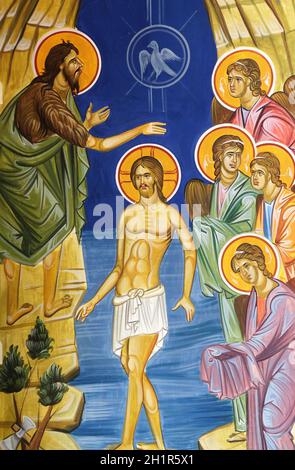 Battesimo del Signore, affresco nella chiesa di Saint Paraskeva dei Balcani vicino a Saint Naum Monastero, Ohrid in Macedonia Foto Stock