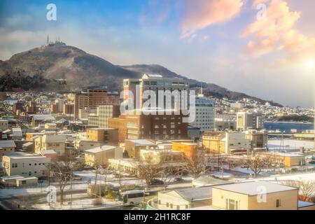 Hakodate City Downtown skyline paesaggio urbano del Giappone in inverno Foto Stock