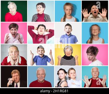 Persone diverse con emozioni diverse. Collage di diverse persone multietniche e miste di età che esprimono diverse emozioni Foto Stock