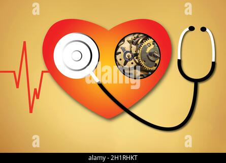 La linea heartbeat e il fonendoscopio. Il cuore e cardio concetto e fonendoscopio. Illustrazione del vettore icona Foto Stock