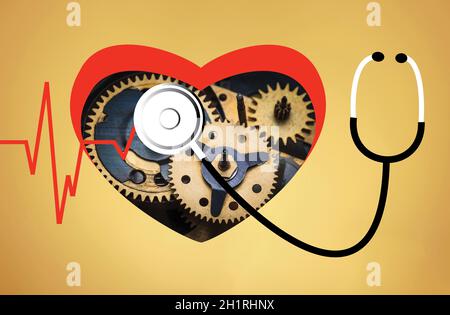 La linea heartbeat e il fonendoscopio. Il cuore e cardio concetto e fonendoscopio. Illustrazione del vettore icona Foto Stock