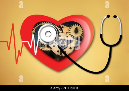 La linea heartbeat e il fonendoscopio. Il cuore e cardio concetto e fonendoscopio. Illustrazione del vettore icona Foto Stock