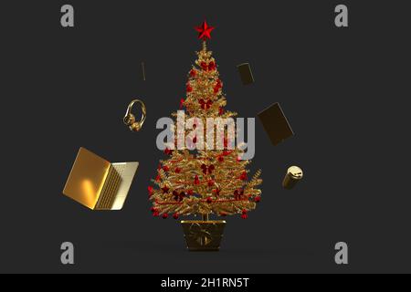 Albero di natale decorato d'oro con vari gadget. Rendering 3D Foto Stock