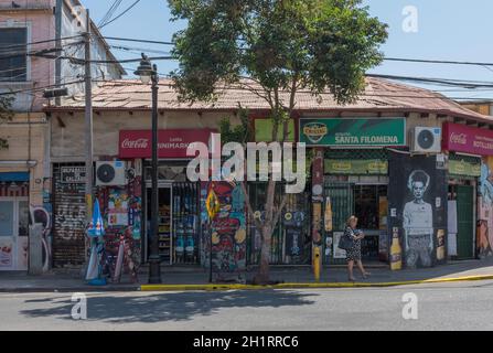 Case colorate nel quartiere Bellavista, Santiago, Cile Foto Stock