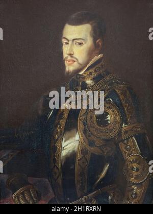 Ritratto di tre quarti di Filippo II, re di Spagna. Dipinto da Tiziano nel 1551. Museo Navale, Madrid Foto Stock