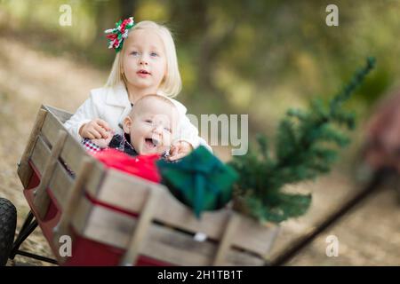 Baby fratello e sorella di essere tirato in carro con albero di Natale e regali all'esterno. Foto Stock