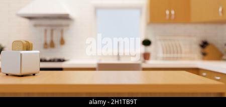 Moderna cucina di lusso in legno piano di lavoro con tostapane e spazio per montaggio su blurred arredato cucina interno in background. rendering 3d, 3 Foto Stock