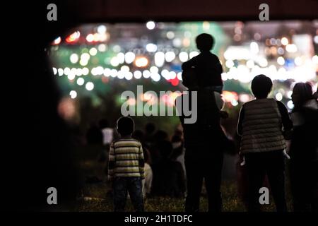 Spettacolo di fuochi d'artificio sul fiume Tama (2018). Luogo di tiro: Area metropolitana di Tokyo Foto Stock