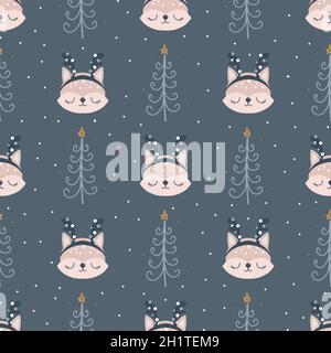 Modello di Natale con animali scandinavi disegno a mano senza cuciture. Capodanno, Natale, tessitura delle feste per stampa, carta, design, tessuto, dorso Illustrazione Vettoriale