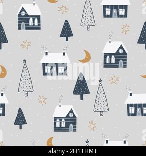Simboli di Natale e Capodanno con casa d'inverno e alberi di Natale scandinavi disegno a mano senza cuciture. Stampa carino vettoriale. Carta digitale. Desig Illustrazione Vettoriale