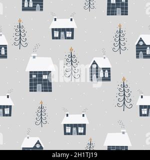 Simboli di Natale e Capodanno con casa d'inverno e alberi di Natale scandinavi disegno a mano senza cuciture. Stampa carino vettoriale. Carta digitale. Desig Illustrazione Vettoriale