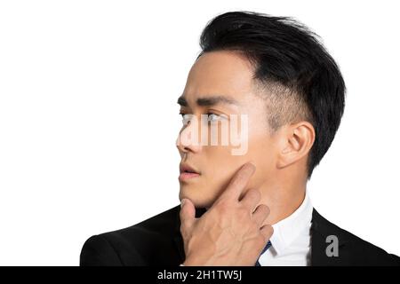 Closeup bello asiatico giovane uomo faccia con concetto di cura della pelle Foto Stock