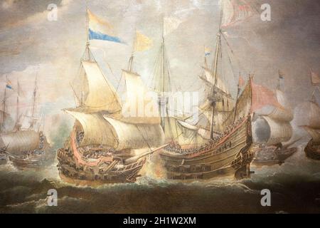 Combattimento navale tra navi spagnole e olandesi. Artista olandese anonimo. Metà del XVII secolo. Olio su tela Foto Stock