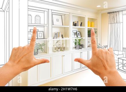 Mani il framing Custom Built-in ripiani di armadi e disegno di progetto con la sezione delle foto finito. Foto Stock