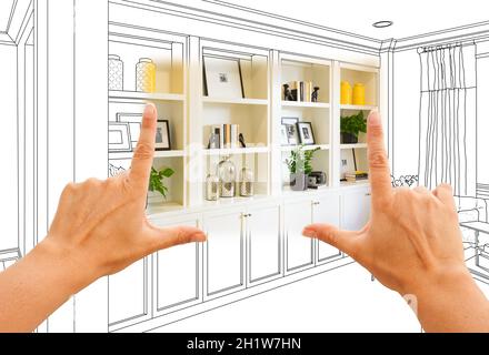 Mani il framing Custom Built-in ripiani di armadi e disegno di progetto con la sezione delle foto finito. Foto Stock