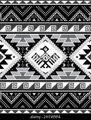 Aztec Tribal geometrico senza cuciture vettoriali con uccello e triangoli - tappeto peruviano o stile tappeto, formato 8x10, arredamento sudoccidentale in nero, grigio Illustrazione Vettoriale