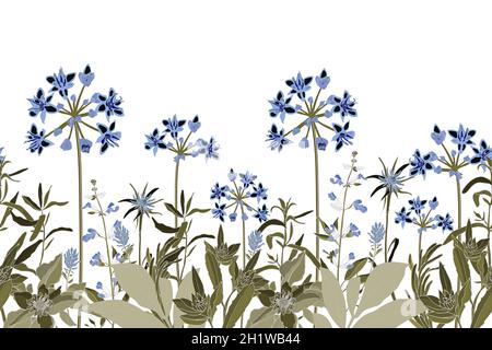 Motivo floreale vettoriale senza cuciture, bordo con fiori blu e foglie beige, erbe. Illustrazione Vettoriale