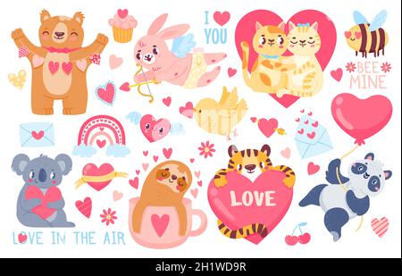 Animali da giorno di San Valentino. Cupido coniglietto, gatti animali domestici amore coppia abbraccio, tigre, koala e panda con i cuori. Happy valentines simpatico set di adesivi vettoriali Illustrazione Vettoriale