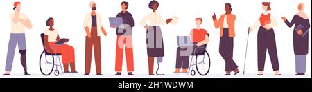 Un gruppo diversificato di uomini d'affari e di lavoratori d'ufficio. Inclusione del lavoro di squadra con il concetto di vettore dei caratteri musulmani, neri e attivi disabilitati Illustrazione Vettoriale