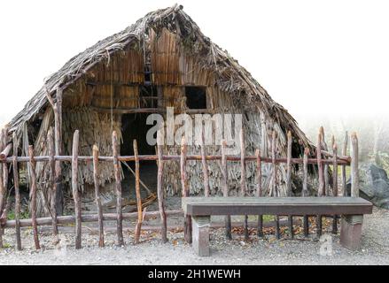 Casa Maori tradizionale visto in Nuova Zelanda, in parte isolato in bianco posteriore Foto Stock