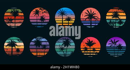 Tramonti retrò anni '80 con silhouette di palme per stampe in t-shirt. Design da surf vintage. Set di vettori Tropic Summer Sundown o Sunrise gradient Illustrazione Vettoriale