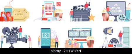 Industria cinematografica, cinema o cinema online. Cartoon persone guardare film al telefono o tv e acquistare biglietti vettore set Illustrazione Vettoriale