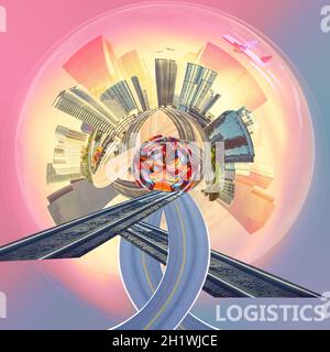 Container industriale nave da carico per l'importazione o l'esportazione in porto. Disegno astratto, camion e trasporto. Autostrada e consegna. Collag Foto Stock