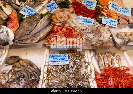 Napoli, Italia - 27 giugno 2021: Bancarella del mercato del pesce nella via del centro città, pesce fresco Foto Stock