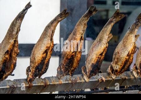 Disposizione di molti pesci su bastoni durante la cottura Foto Stock