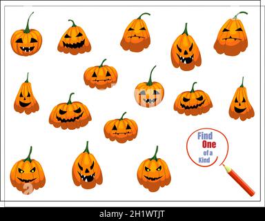 Illustrazione cartoon del gioco educativo trovare un unico-di-un-tipo immagine. Zucche per Halloween Vector isolato su sfondo bianco Illustrazione Vettoriale