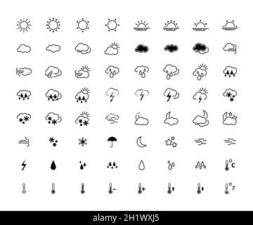Il più grande set di semplici icone meteo moderne isolate su bianco Illustrazione Vettoriale