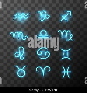 Set di segni zodiacali al neon blu brillante, segni stellari per oroscopo astrologico su sfondo trasparente Illustrazione Vettoriale