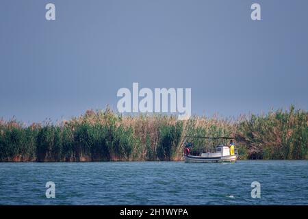 Barca nel delta dell'Ebro in una giornata estiva soleggiata Foto Stock