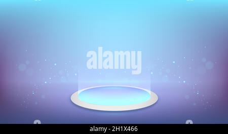 Scena a podio rotondo, stile futuristico. Piattaforma rotonda a bagliore sul pavimento. Piedistallo o piattaforma per la presentazione di prodotti vettoriali. Tecnologia Illustrazione Vettoriale