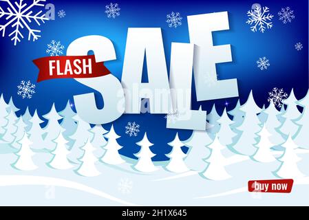 Vendite lampo fino al 50%. Testo cartaceo sullo sfondo della foresta di neve d'inverno. Illustrazione Vettoriale