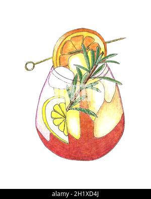 Cocktail party classico Aperol Spritz, disegno a matita fatto a mano, isolato, sfondo bianco. Foto di alta qualità Illustrazione Vettoriale
