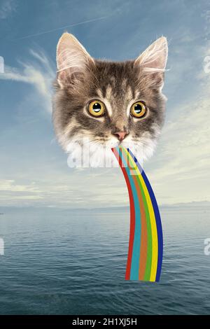 Collage d'arte contemporanea di gatto con arcobaleno che appare dalla bocca isolata su sfondo marino. Concetto LGBTQIA Foto Stock
