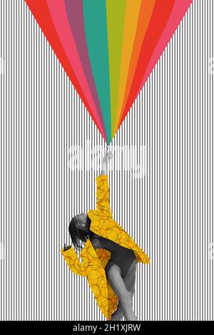 Collage d'arte contemporanea di bella ballerina femminile in giacca gialla che tocca l'elemento arcobaleno. Supporto LGBTQIA Foto Stock