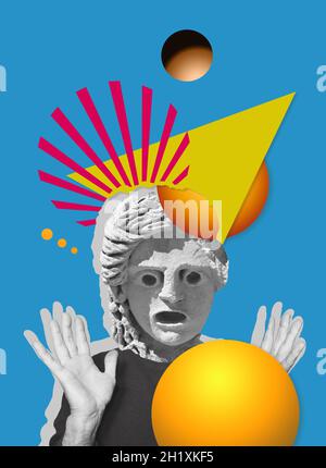 Collage digitale contemporaneo della testa della statua sorpresa in stile pop art Foto Stock