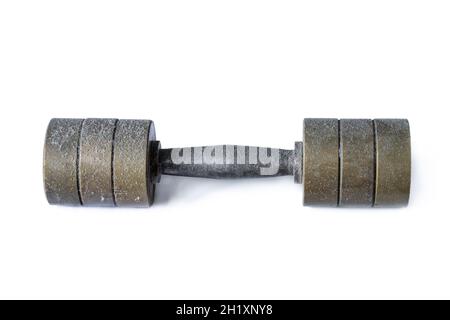 Manubri di rame a peso variabile ricoperti di polvere di vecchio stile isolati su sfondo bianco Foto Stock