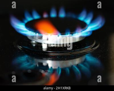 Un anello di gas illuminato su un fornello, Cumbria, Regno Unito. Foto Stock
