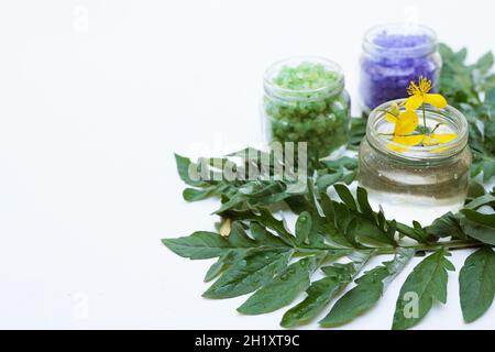 Cosmetici naturali ingredienti su sfondo bianco, spazio copia Foto Stock